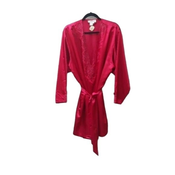 Vintage CACIQUE LINGERIE ROBE LG RED LACEY WRAP ROBE KIMONO NWT Dead Stock - Picture 2 of 13